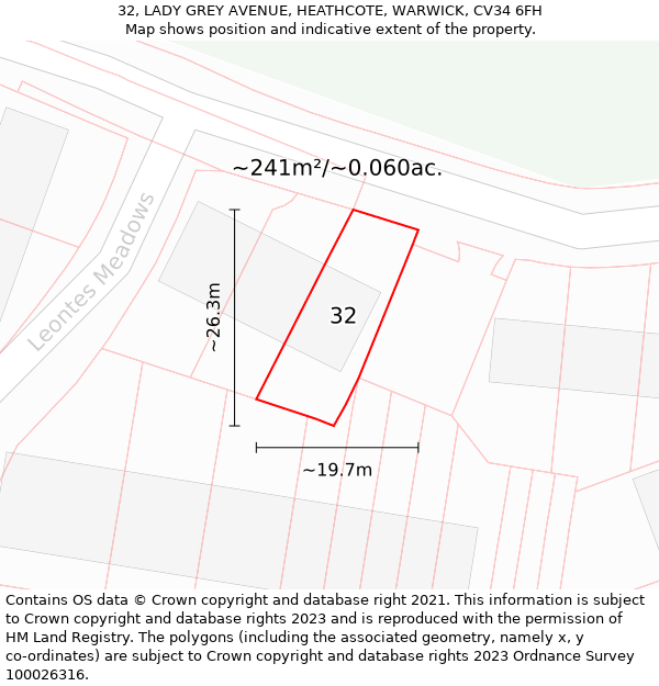 32, LADY GREY AVENUE, HEATHCOTE, WARWICK, CV34 6FH: Plot and title map