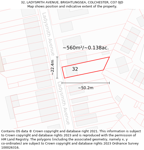 32, LADYSMITH AVENUE, BRIGHTLINGSEA, COLCHESTER, CO7 0JD: Plot and title map