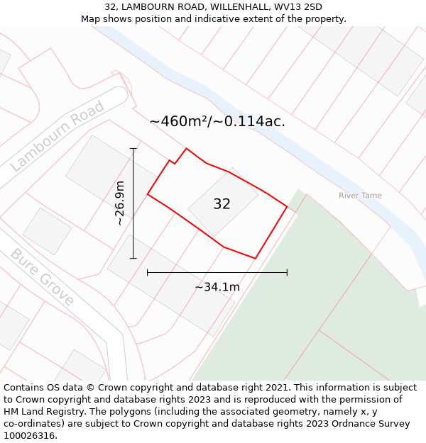 32, LAMBOURN ROAD, WILLENHALL, WV13 2SD: Plot and title map