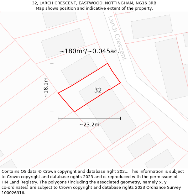 32, LARCH CRESCENT, EASTWOOD, NOTTINGHAM, NG16 3RB: Plot and title map