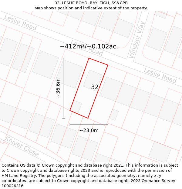 32, LESLIE ROAD, RAYLEIGH, SS6 8PB: Plot and title map