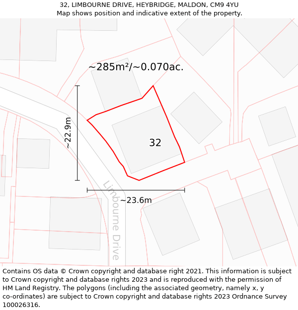 32, LIMBOURNE DRIVE, HEYBRIDGE, MALDON, CM9 4YU: Plot and title map