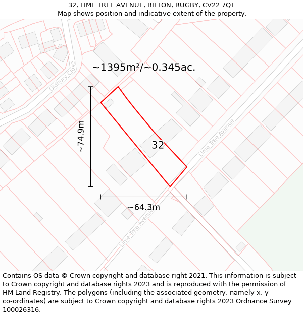 32, LIME TREE AVENUE, BILTON, RUGBY, CV22 7QT: Plot and title map