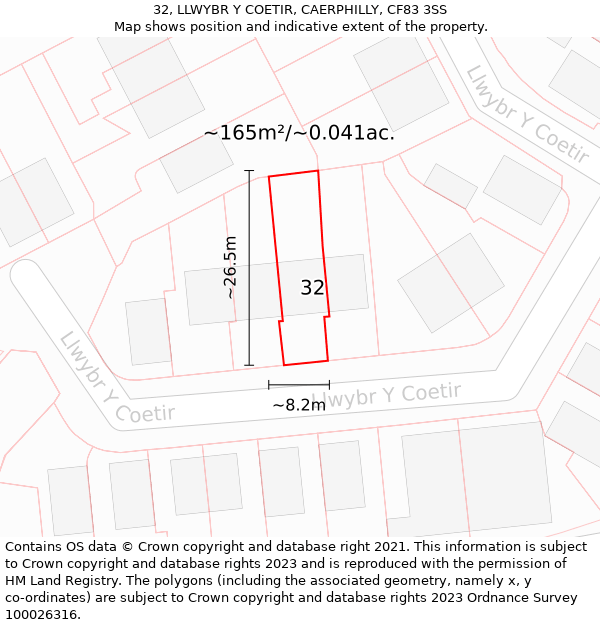 32, LLWYBR Y COETIR, CAERPHILLY, CF83 3SS: Plot and title map