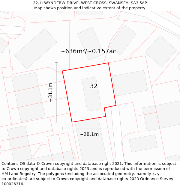 32, LLWYNDERW DRIVE, WEST CROSS, SWANSEA, SA3 5AP: Plot and title map