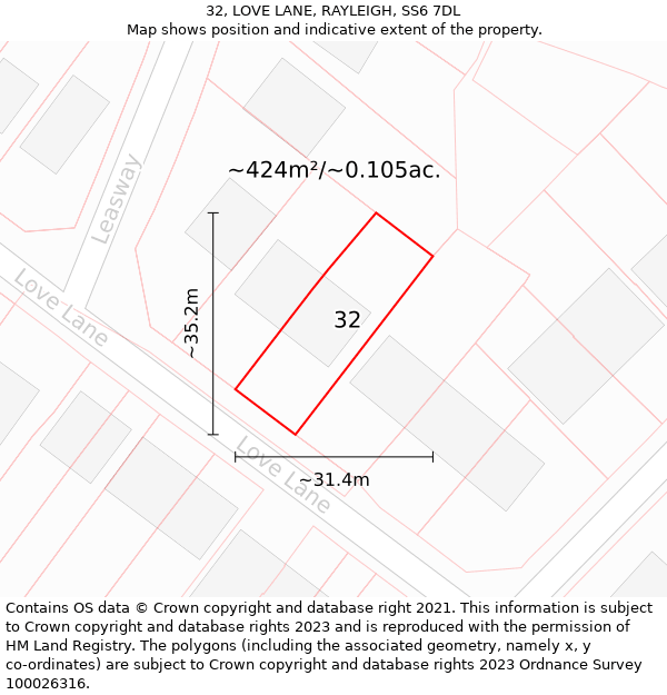 32, LOVE LANE, RAYLEIGH, SS6 7DL: Plot and title map