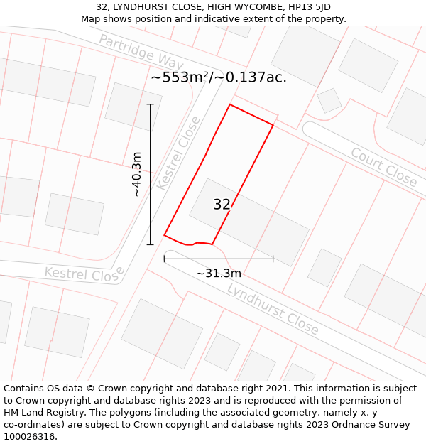 32, LYNDHURST CLOSE, HIGH WYCOMBE, HP13 5JD: Plot and title map