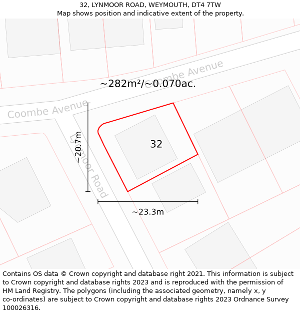 32, LYNMOOR ROAD, WEYMOUTH, DT4 7TW: Plot and title map