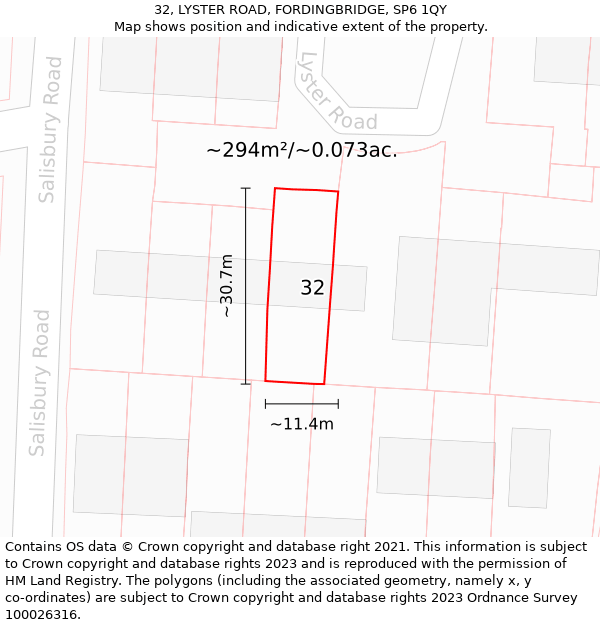 32, LYSTER ROAD, FORDINGBRIDGE, SP6 1QY: Plot and title map