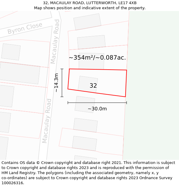 32, MACAULAY ROAD, LUTTERWORTH, LE17 4XB: Plot and title map