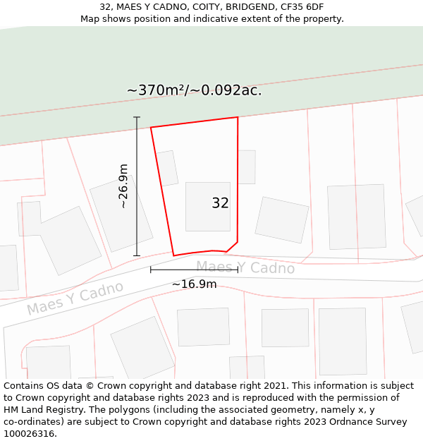 32, MAES Y CADNO, COITY, BRIDGEND, CF35 6DF: Plot and title map