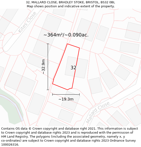 32, MALLARD CLOSE, BRADLEY STOKE, BRISTOL, BS32 0BL: Plot and title map