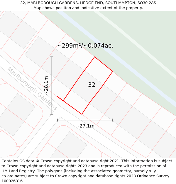 32, MARLBOROUGH GARDENS, HEDGE END, SOUTHAMPTON, SO30 2AS: Plot and title map