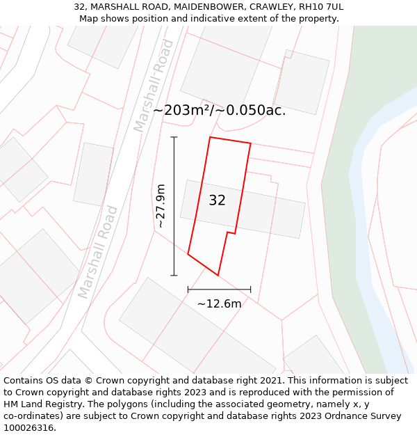 32, MARSHALL ROAD, MAIDENBOWER, CRAWLEY, RH10 7UL: Plot and title map