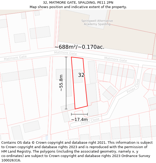 32, MATMORE GATE, SPALDING, PE11 2PN: Plot and title map