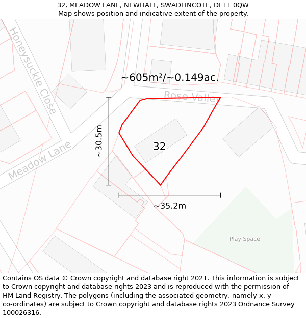 32, MEADOW LANE, NEWHALL, SWADLINCOTE, DE11 0QW: Plot and title map