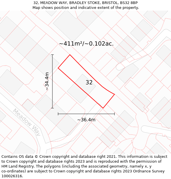 32, MEADOW WAY, BRADLEY STOKE, BRISTOL, BS32 8BP: Plot and title map