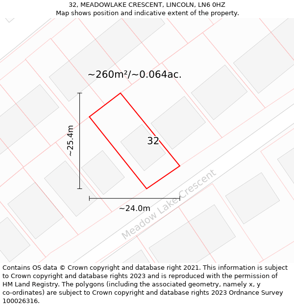 32, MEADOWLAKE CRESCENT, LINCOLN, LN6 0HZ: Plot and title map