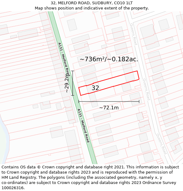 32, MELFORD ROAD, SUDBURY, CO10 1LT: Plot and title map