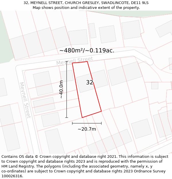 32, MEYNELL STREET, CHURCH GRESLEY, SWADLINCOTE, DE11 9LS: Plot and title map