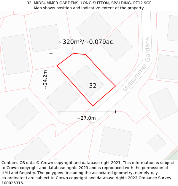 32, MIDSUMMER GARDENS, LONG SUTTON, SPALDING, PE12 9GF: Plot and title map