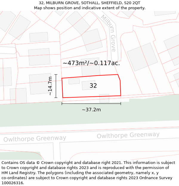 32, MILBURN GROVE, SOTHALL, SHEFFIELD, S20 2QT: Plot and title map