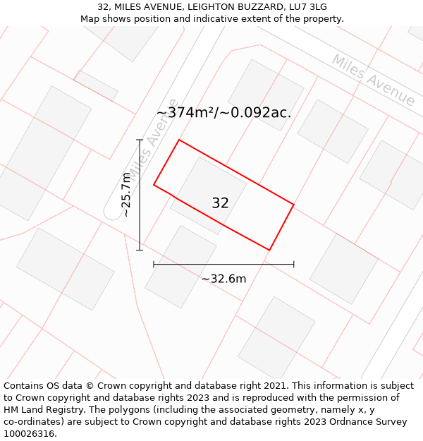 32, MILES AVENUE, LEIGHTON BUZZARD, LU7 3LG: Plot and title map