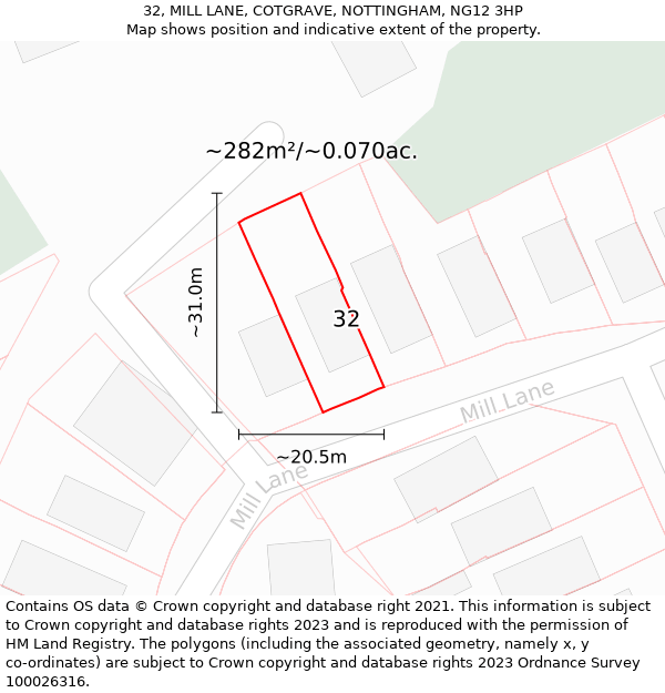 32, MILL LANE, COTGRAVE, NOTTINGHAM, NG12 3HP: Plot and title map