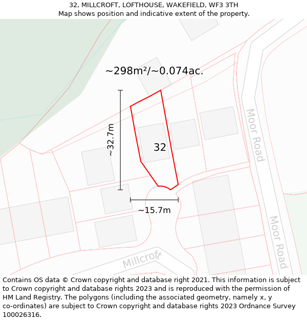 32, MILLCROFT, LOFTHOUSE, WAKEFIELD, WF3 3TH: Plot and title map