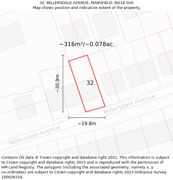 32, MILLERSDALE AVENUE, MANSFIELD, NG18 5HS: Plot and title map