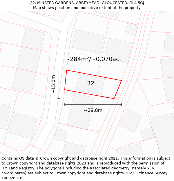 32, MINSTER GARDENS, ABBEYMEAD, GLOUCESTER, GL4 5GJ: Plot and title map