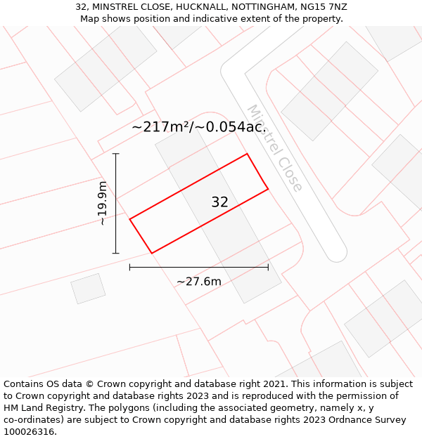 32, MINSTREL CLOSE, HUCKNALL, NOTTINGHAM, NG15 7NZ: Plot and title map