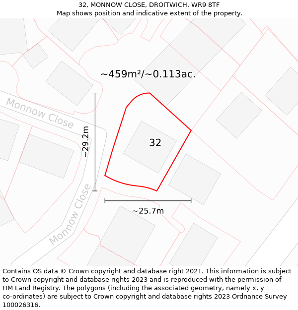 32, MONNOW CLOSE, DROITWICH, WR9 8TF: Plot and title map