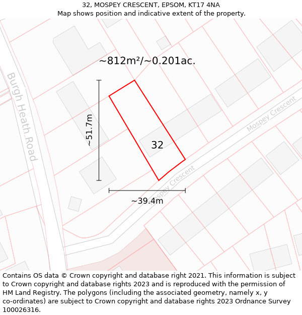 32, MOSPEY CRESCENT, EPSOM, KT17 4NA: Plot and title map