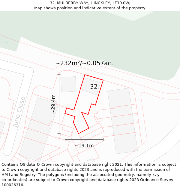 32, MULBERRY WAY, HINCKLEY, LE10 0WJ: Plot and title map