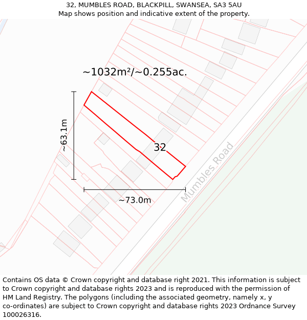 32, MUMBLES ROAD, BLACKPILL, SWANSEA, SA3 5AU: Plot and title map