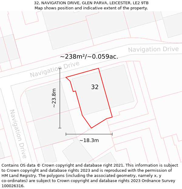 32, NAVIGATION DRIVE, GLEN PARVA, LEICESTER, LE2 9TB: Plot and title map