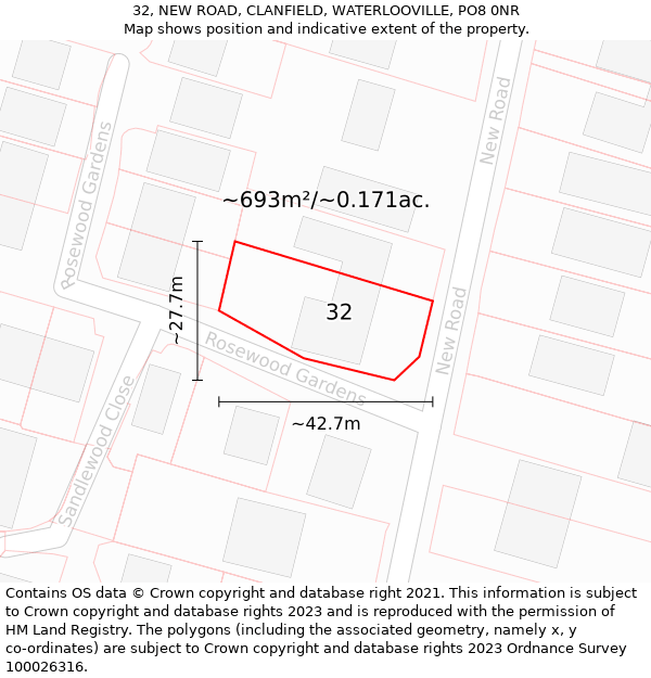 32, NEW ROAD, CLANFIELD, WATERLOOVILLE, PO8 0NR: Plot and title map