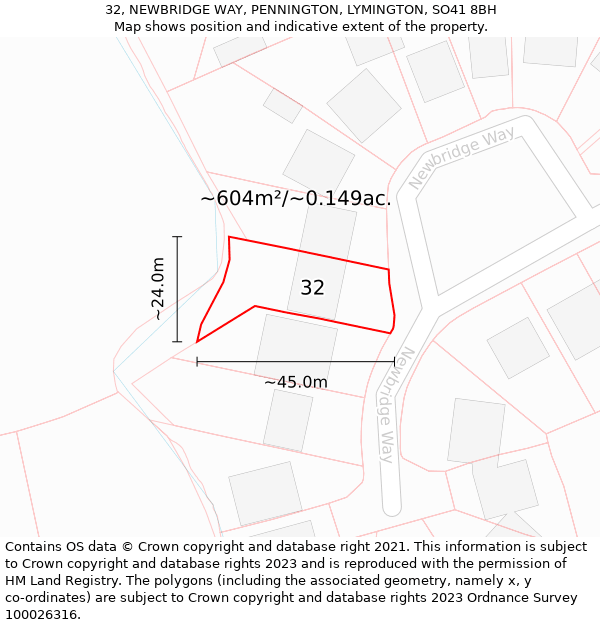 32, NEWBRIDGE WAY, PENNINGTON, LYMINGTON, SO41 8BH: Plot and title map