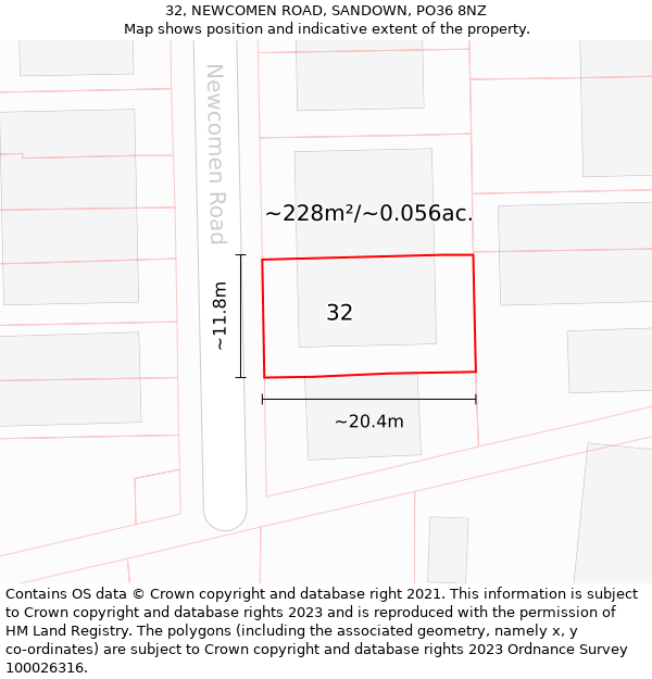 32, NEWCOMEN ROAD, SANDOWN, PO36 8NZ: Plot and title map