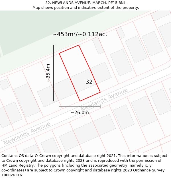 32, NEWLANDS AVENUE, MARCH, PE15 8NL: Plot and title map