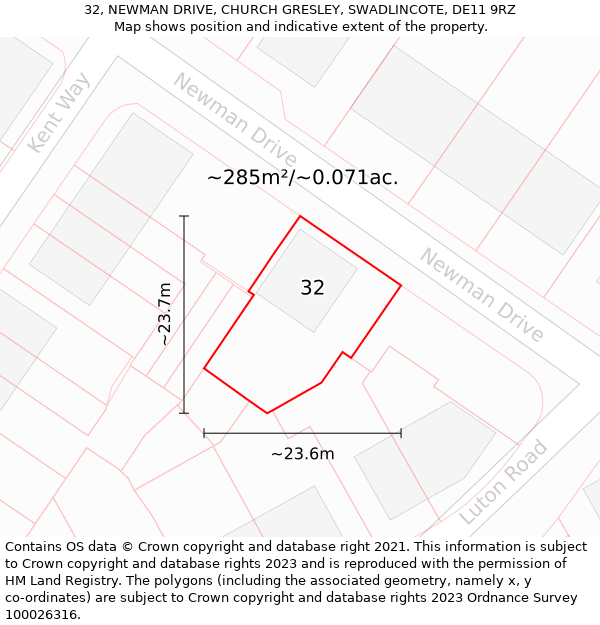 32, NEWMAN DRIVE, CHURCH GRESLEY, SWADLINCOTE, DE11 9RZ: Plot and title map