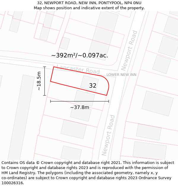 32, NEWPORT ROAD, NEW INN, PONTYPOOL, NP4 0NU: Plot and title map