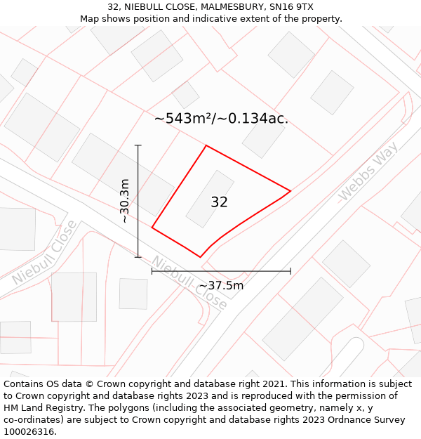 32, NIEBULL CLOSE, MALMESBURY, SN16 9TX: Plot and title map