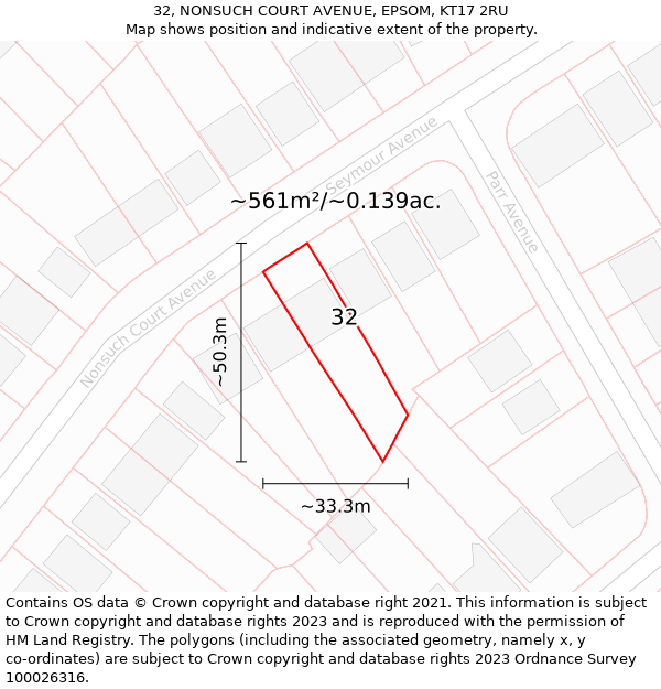 32, NONSUCH COURT AVENUE, EPSOM, KT17 2RU: Plot and title map