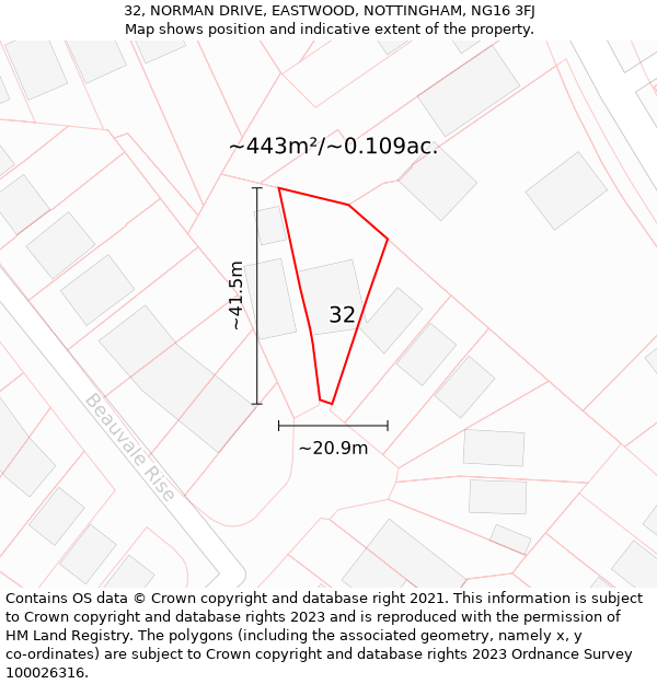 32, NORMAN DRIVE, EASTWOOD, NOTTINGHAM, NG16 3FJ: Plot and title map