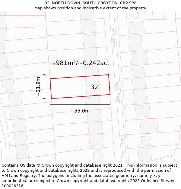 32, NORTH DOWN, SOUTH CROYDON, CR2 9PA: Plot and title map