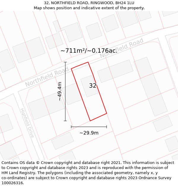 32, NORTHFIELD ROAD, RINGWOOD, BH24 1LU: Plot and title map