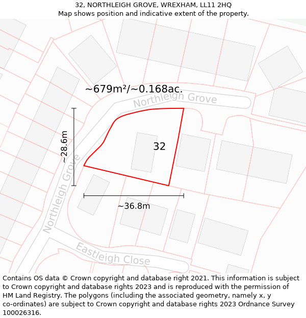 32, NORTHLEIGH GROVE, WREXHAM, LL11 2HQ: Plot and title map