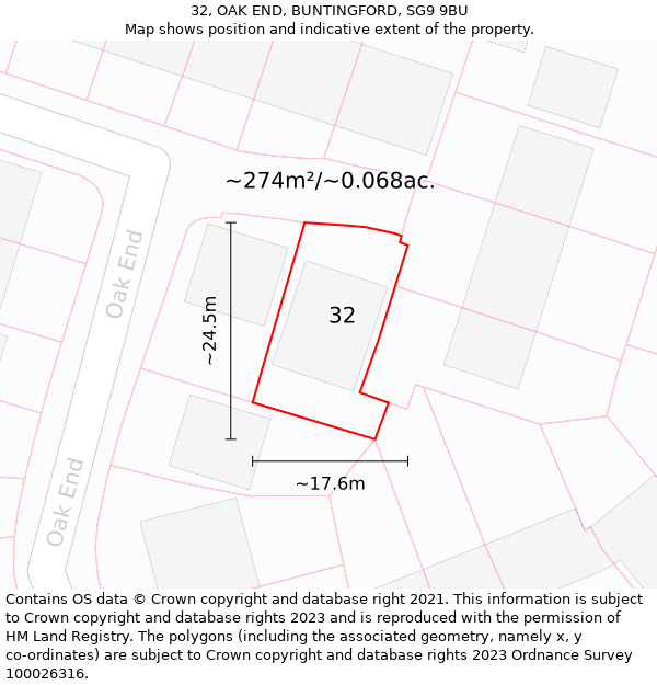 32, OAK END, BUNTINGFORD, SG9 9BU: Plot and title map